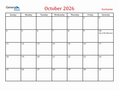 Current month calendar with Suriname holidays for October 2026