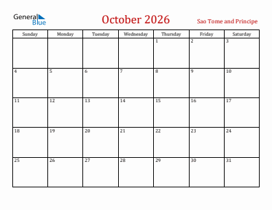 Current month calendar with Sao Tome and Principe holidays for October 2026