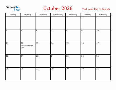 Current month calendar with Turks and Caicos Islands holidays for October 2026