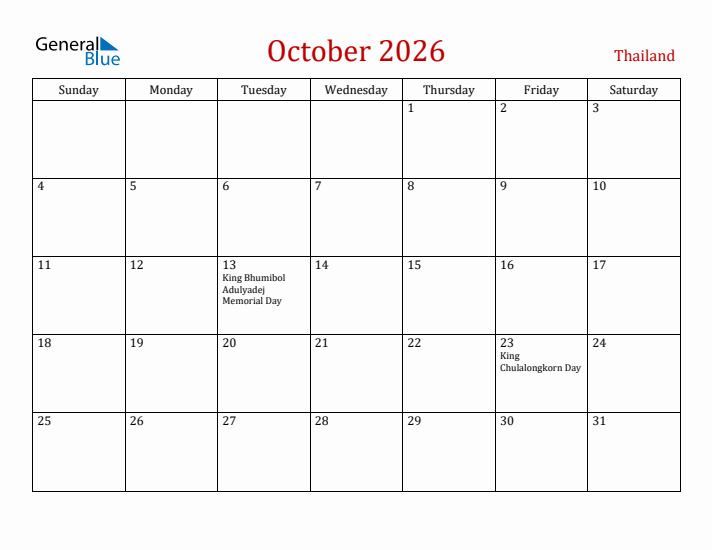 Thailand October 2026 Calendar - Sunday Start