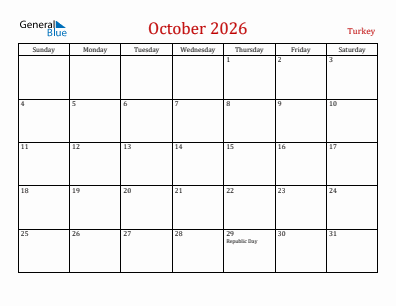 Current month calendar with Turkey holidays for October 2026