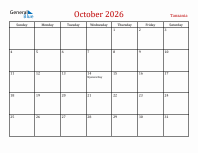 Current month calendar with Tanzania holidays for October 2026