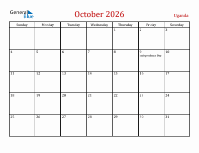 Current month calendar with Uganda holidays for October 2026