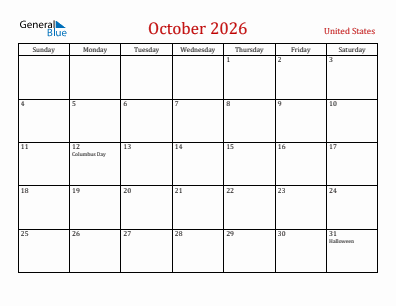 Current month calendar with United States holidays for October 2026
