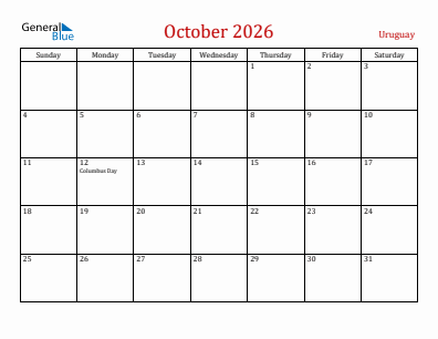 Current month calendar with Uruguay holidays for October 2026