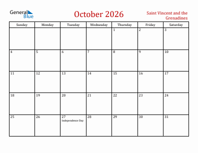 Current month calendar with Saint Vincent and the Grenadines holidays for October 2026