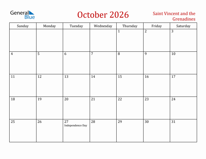 Saint Vincent and the Grenadines October 2026 Calendar - Sunday Start