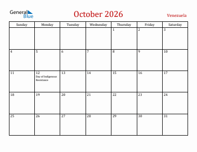 Current month calendar with Venezuela holidays for October 2026
