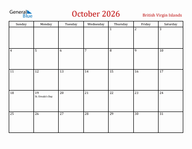 Current month calendar with British Virgin Islands holidays for October 2026
