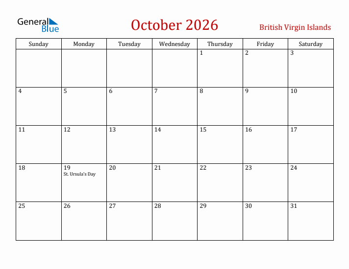 British Virgin Islands October 2026 Calendar - Sunday Start