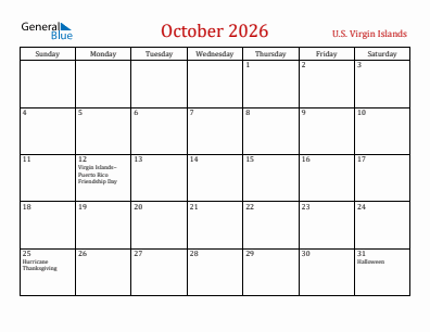 Current month calendar with U.S. Virgin Islands holidays for October 2026