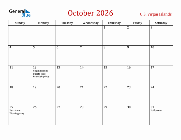 U.S. Virgin Islands October 2026 Calendar - Sunday Start