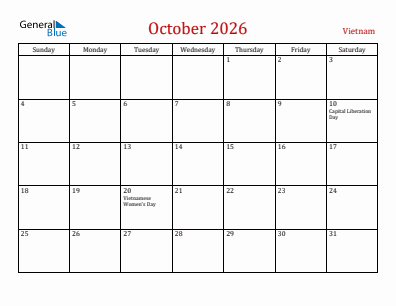 Current month calendar with Vietnam holidays for October 2026