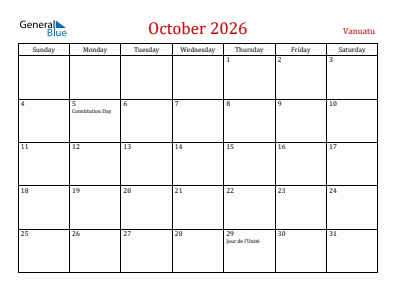 Current month calendar with Vanuatu holidays for October 2026