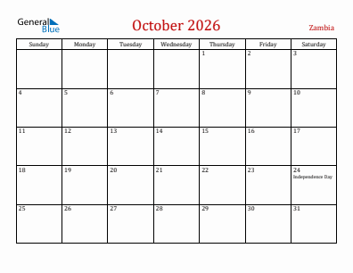 Current month calendar with Zambia holidays for October 2026