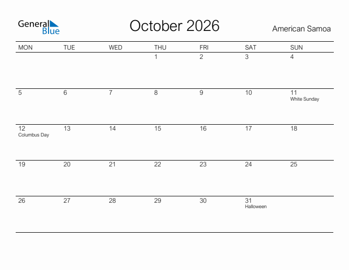 Printable October 2026 Calendar for American Samoa