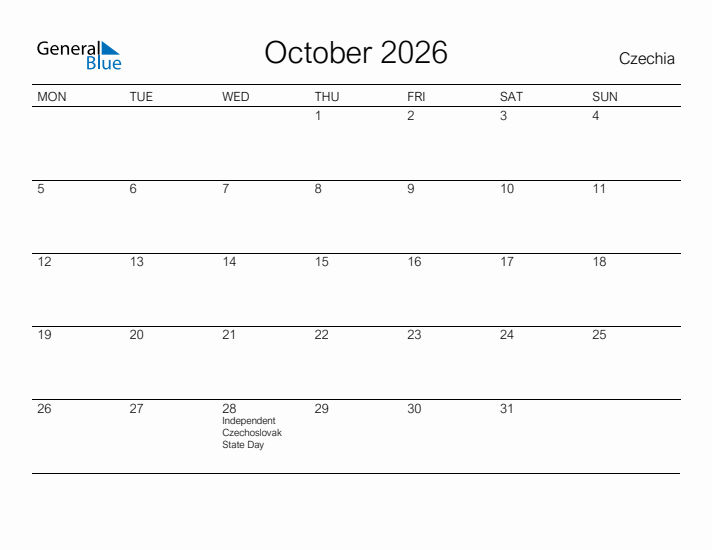 Printable October 2026 Calendar for Czechia