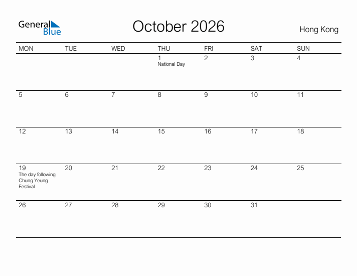 Printable October 2026 Calendar for Hong Kong
