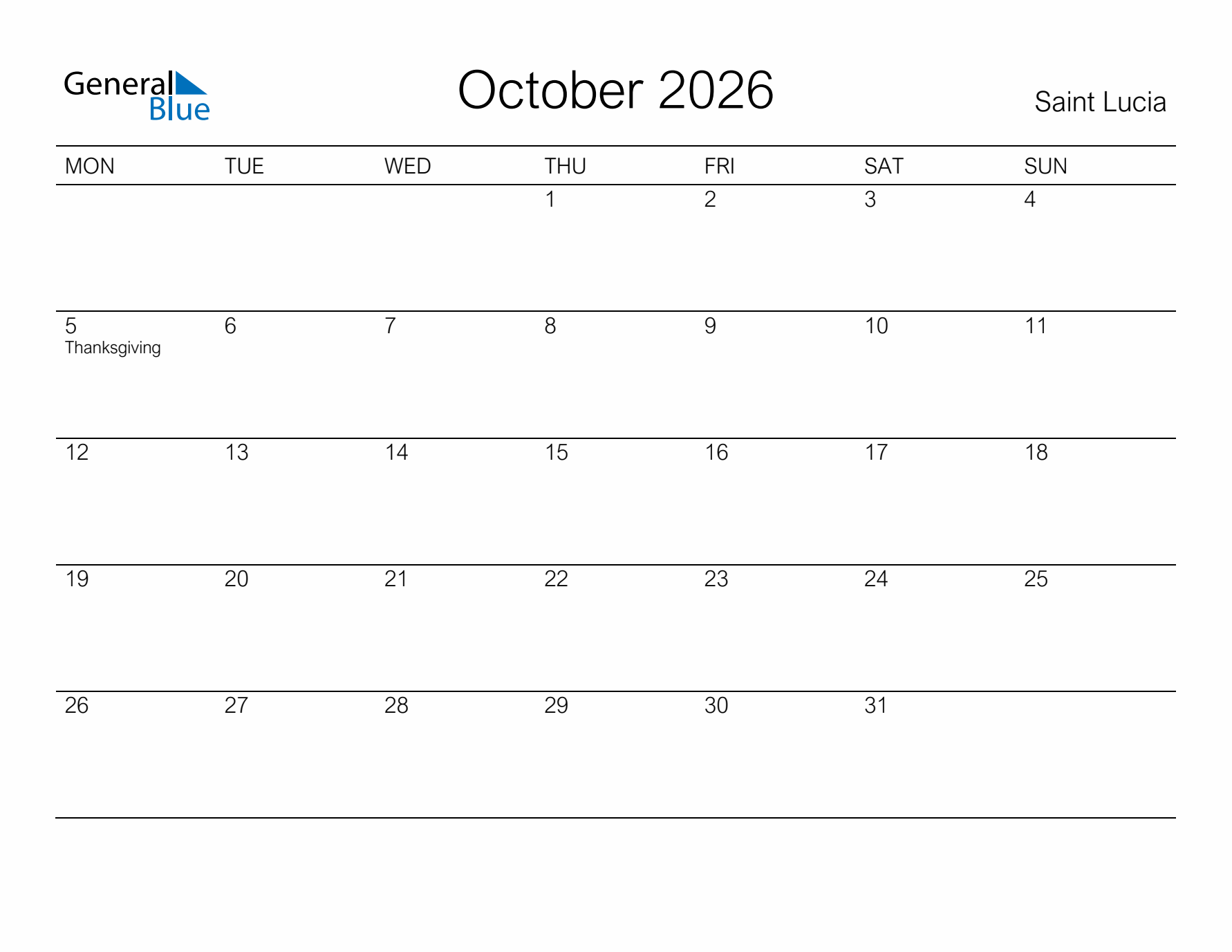 Printable October 2026 Calendar for Saint Lucia