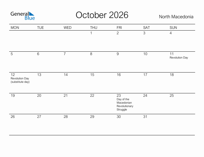 Printable October 2026 Calendar for North Macedonia