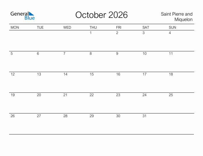 Printable October 2026 Calendar for Saint Pierre and Miquelon