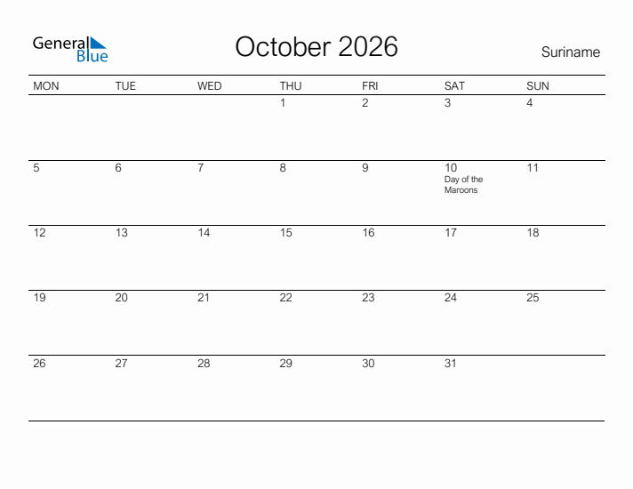 Printable October 2026 Calendar for Suriname