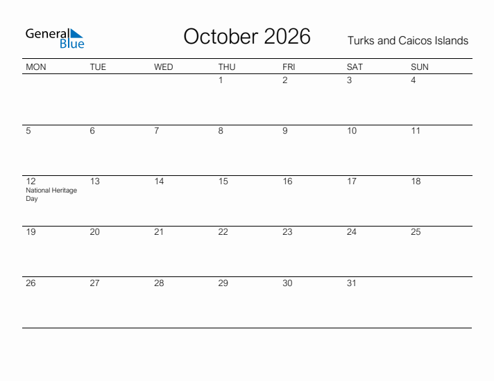 Printable October 2026 Calendar for Turks and Caicos Islands
