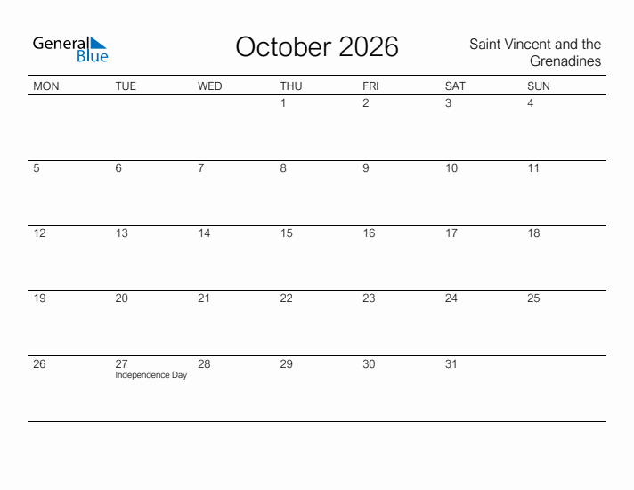 Printable October 2026 Calendar for Saint Vincent and the Grenadines