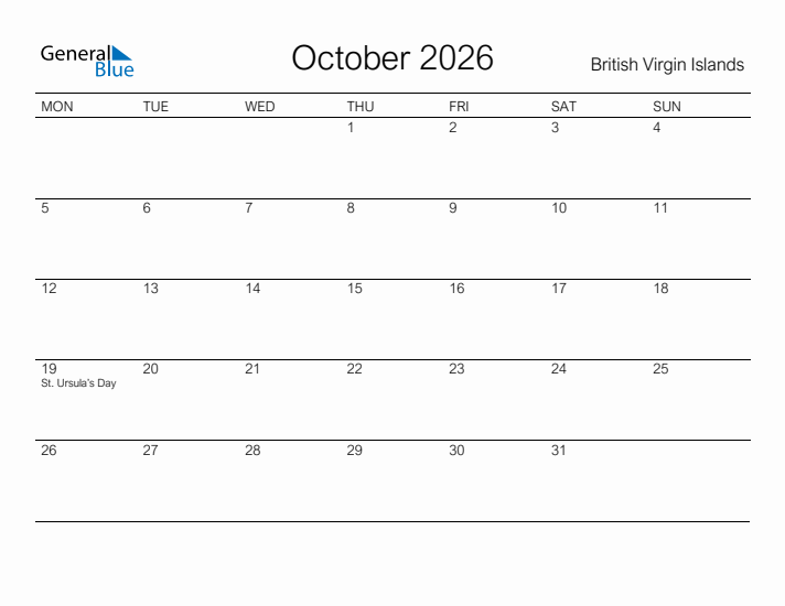Printable October 2026 Calendar for British Virgin Islands