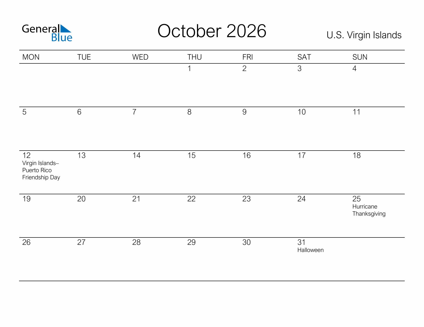 Printable October 2026 Calendar for U.S. Virgin Islands