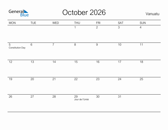 Printable October 2026 Calendar for Vanuatu