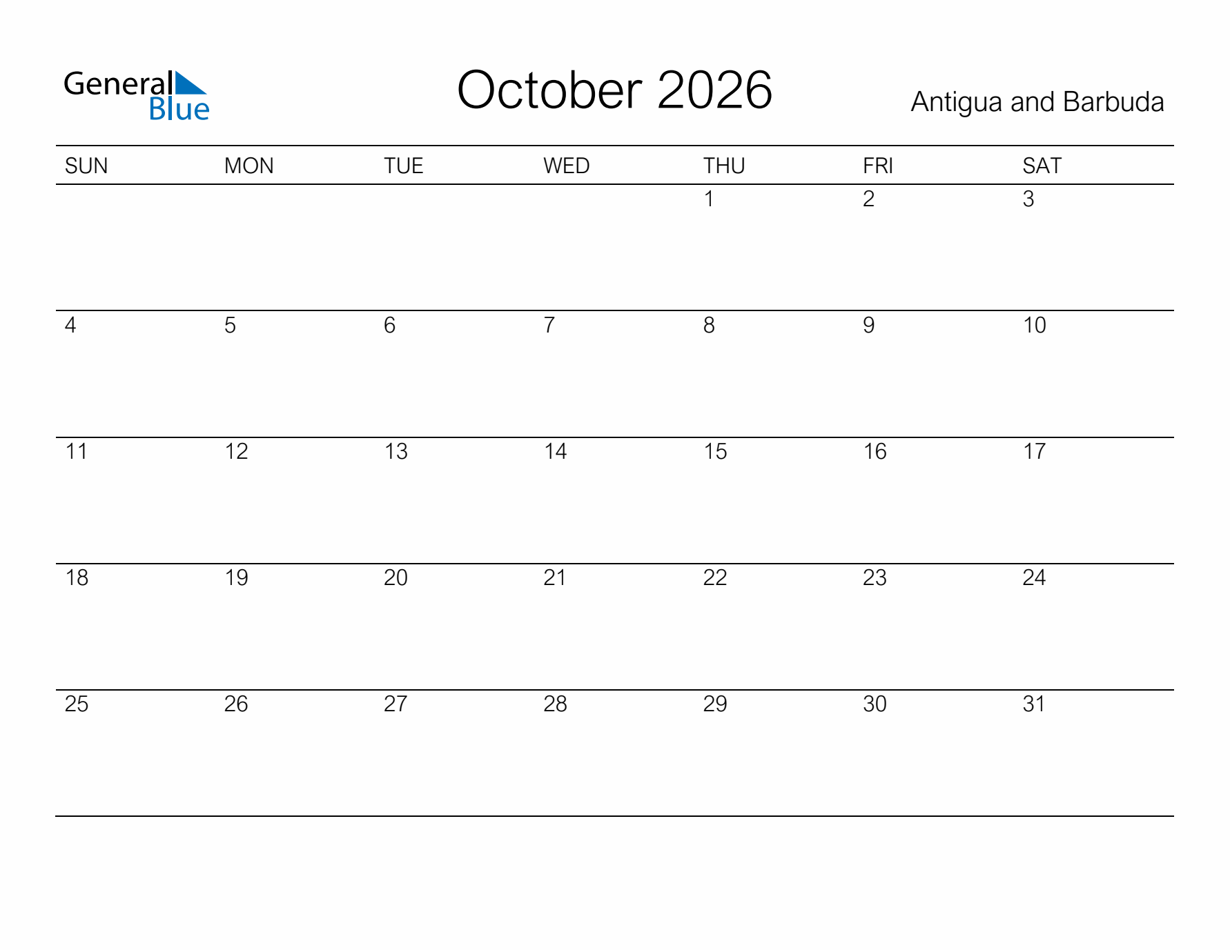 Printable October 2026 Calendar for Antigua and Barbuda