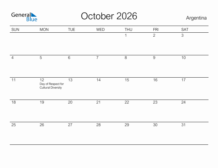 Printable October 2026 Calendar for Argentina