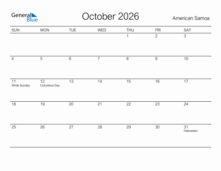 Printable October 2026 Calendar for American Samoa