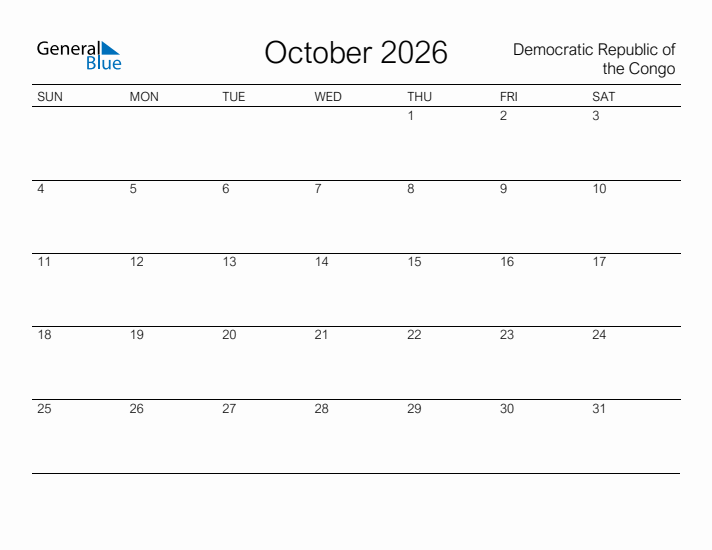 Printable October 2026 Calendar for Democratic Republic of the Congo