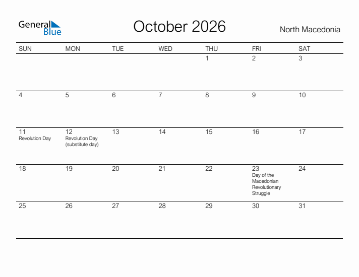 Printable October 2026 Calendar for North Macedonia