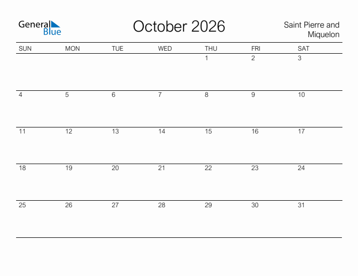 Printable October 2026 Calendar for Saint Pierre and Miquelon