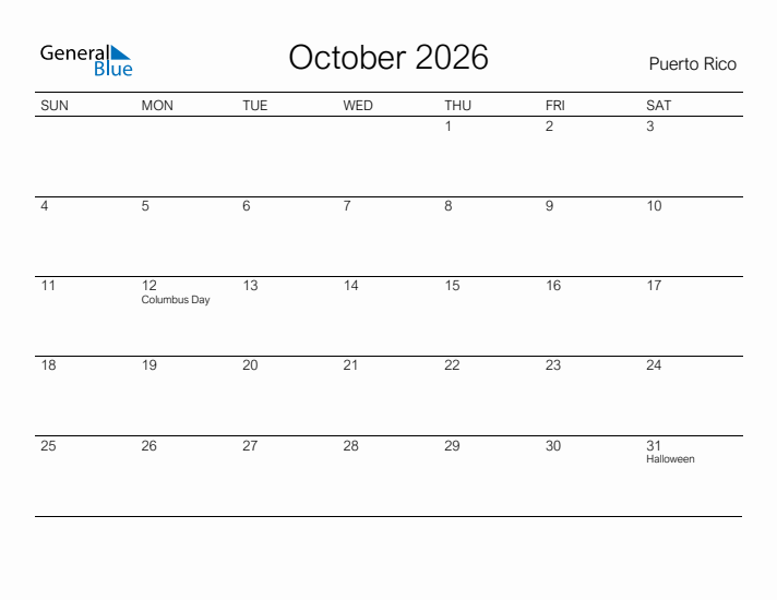 Printable October 2026 Calendar for Puerto Rico