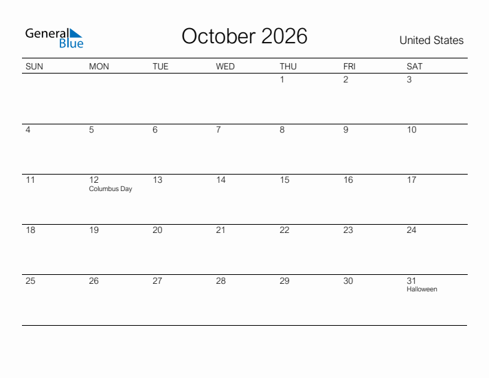 October 2026 Monthly Calendar With United States Holidays