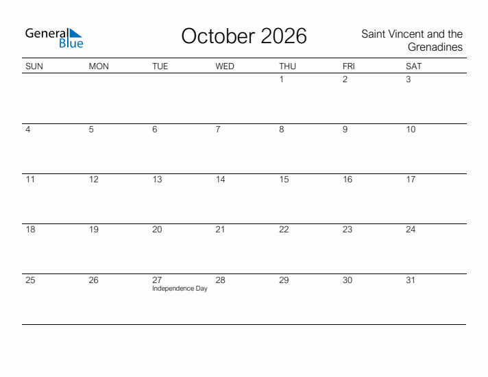 Printable October 2026 Calendar for Saint Vincent and the Grenadines