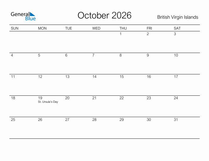 Printable October 2026 Calendar for British Virgin Islands