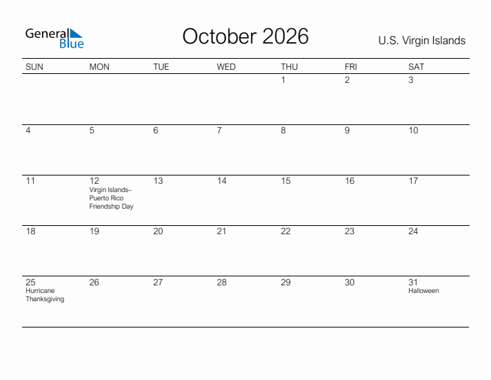 Printable October 2026 Calendar for U.S. Virgin Islands