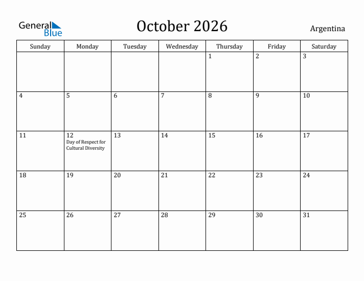 October 2026 Calendar Argentina