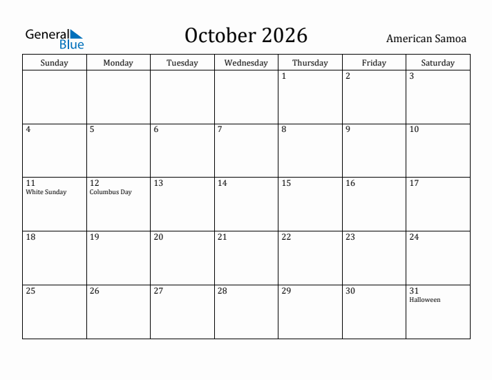 October 2026 Calendar American Samoa
