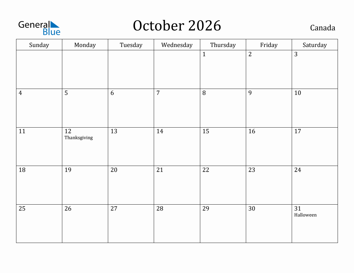 October 2026 monthly calendar with holidays in Canada