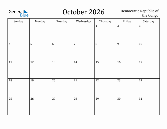 October 2026 Calendar Democratic Republic of the Congo