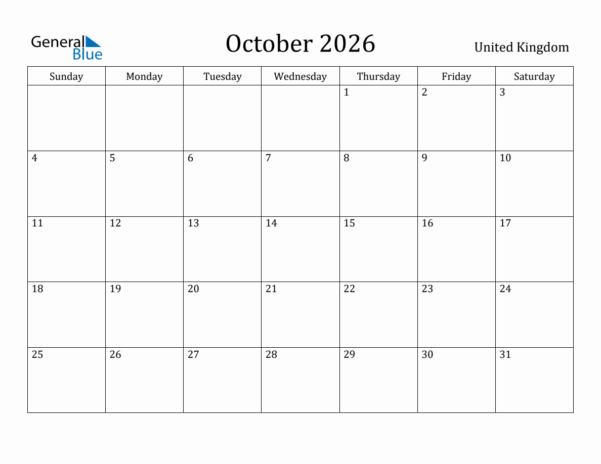 October 2026 monthly calendar with holidays in United Kingdom