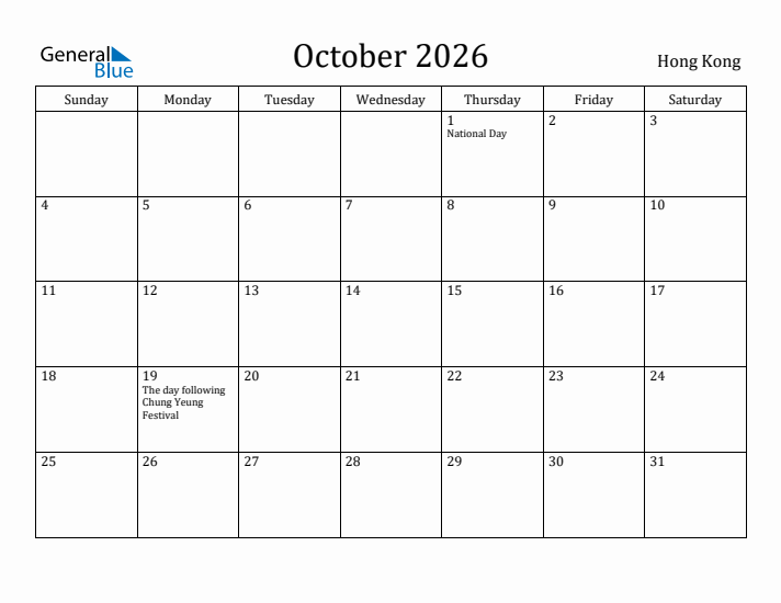October 2026 Calendar Hong Kong