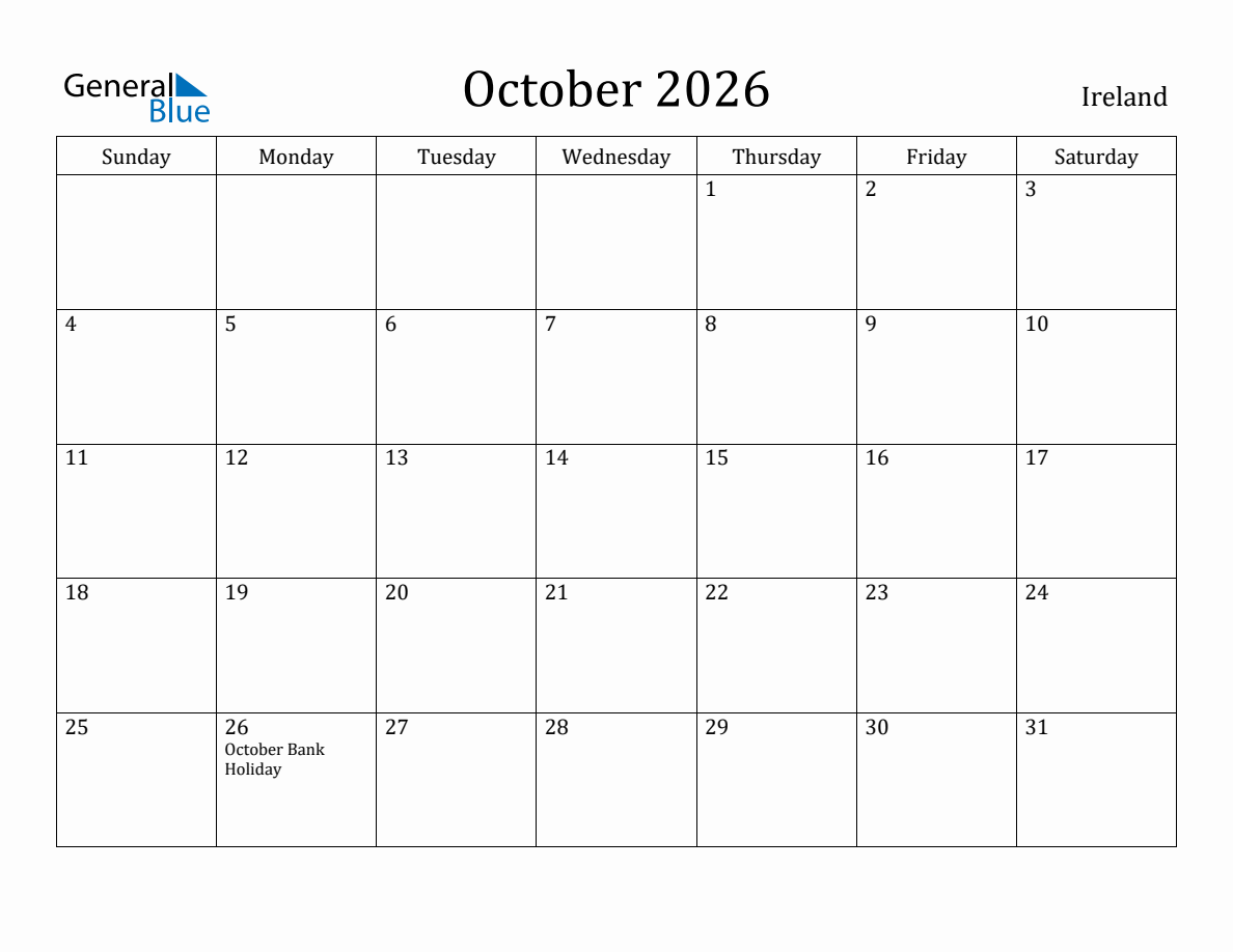 October 2026 monthly calendar with holidays in Ireland
