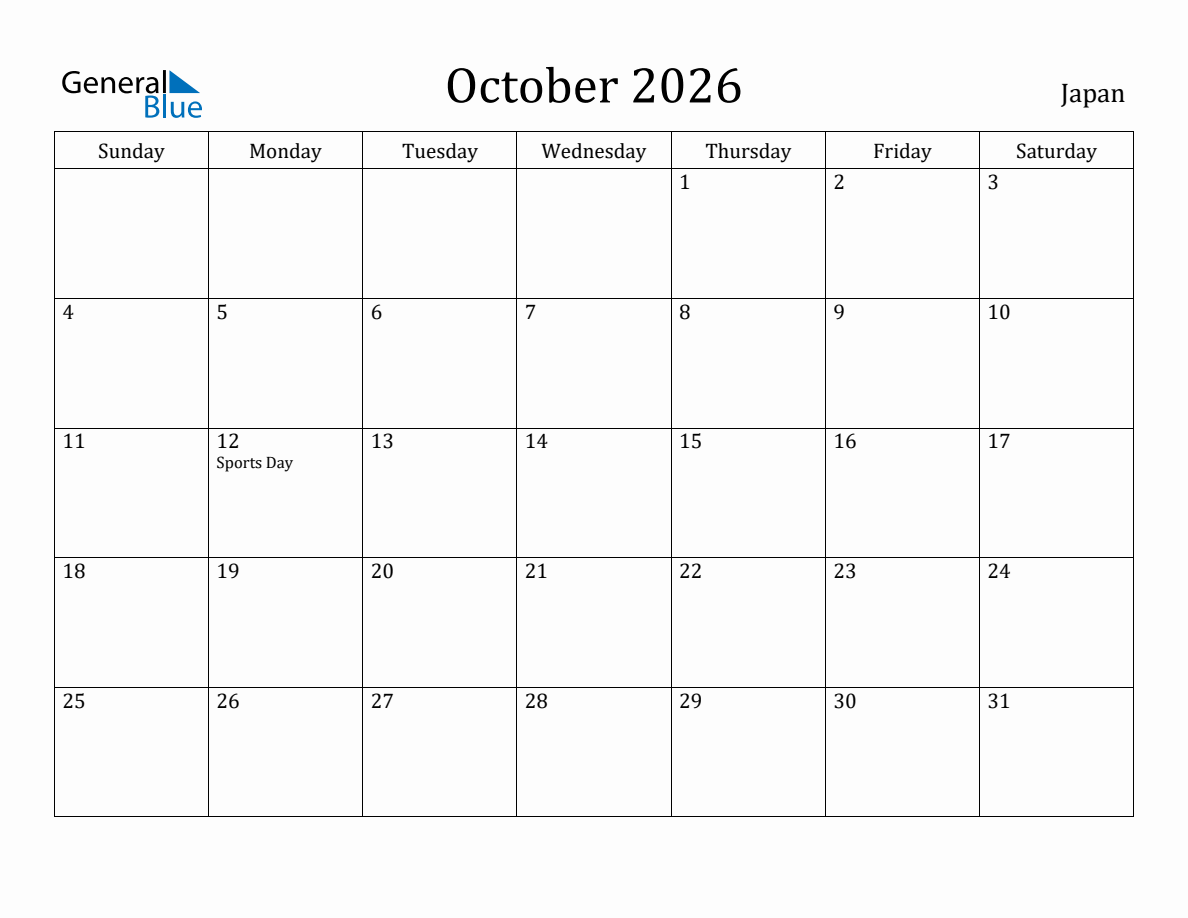 October 2026 monthly calendar with holidays in Japan